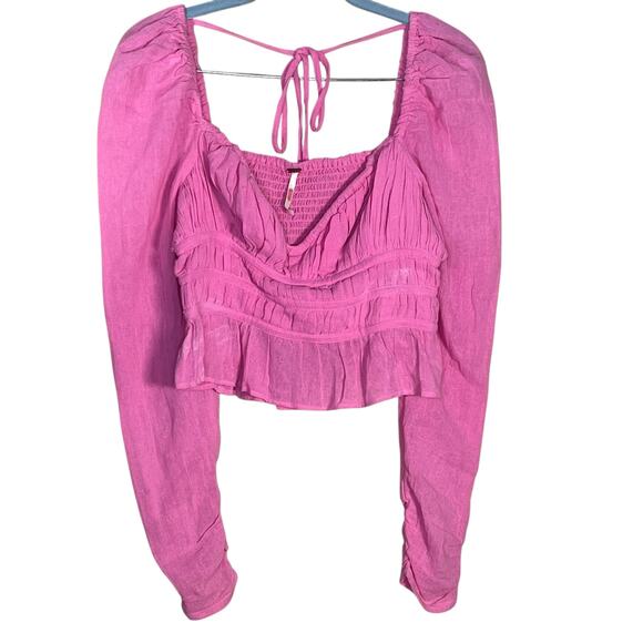 Free People Women’s Chloe Smocked Tie Neck Cotton Top in Pink Aurora Size XS - Picture 1 of 8